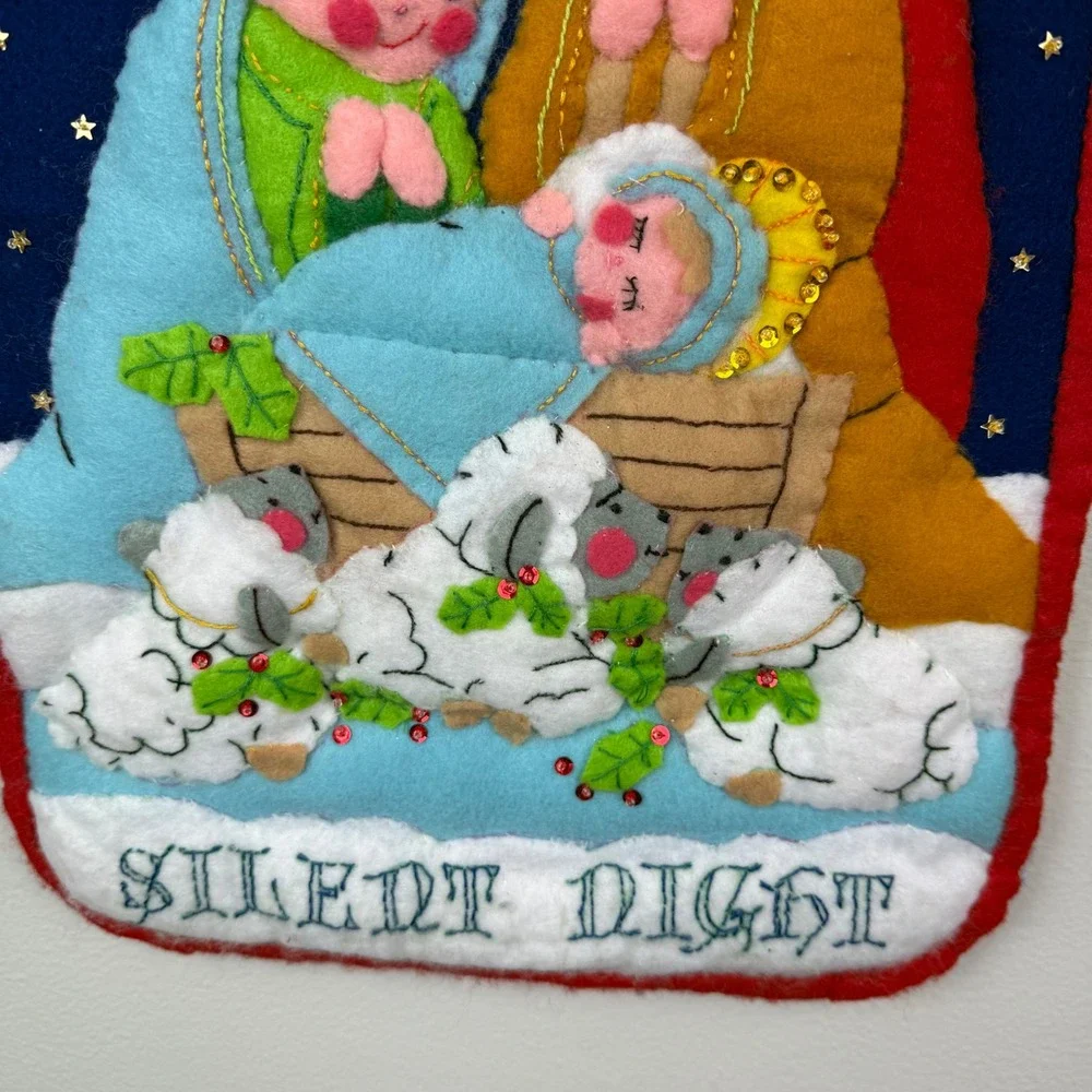 VTG Felt Appliqué Wall Decor Nativity Scene Sheep Silent Night Hand‎ Made 17x11